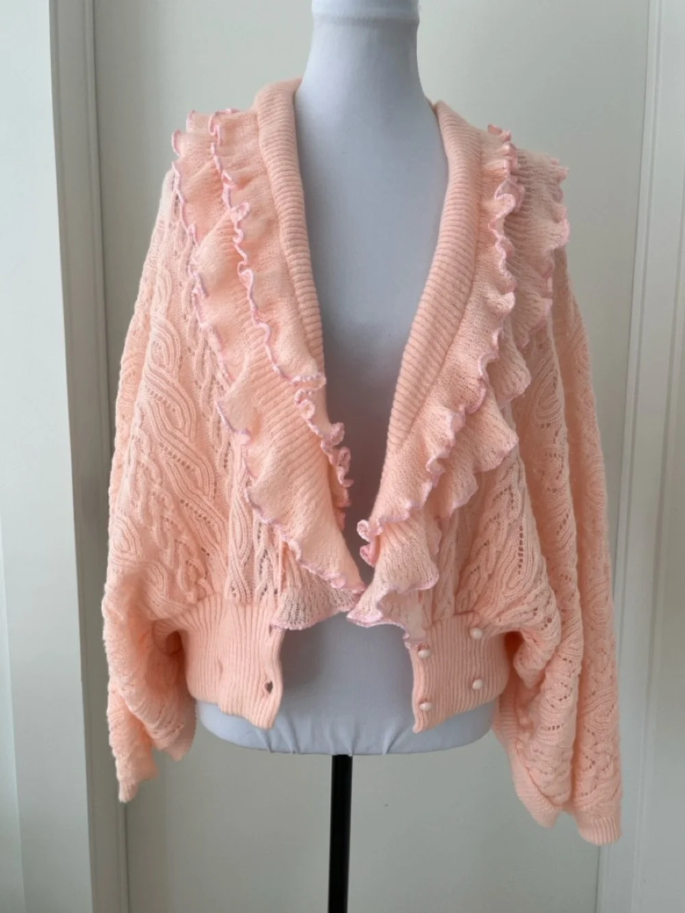 VINTAGE Eaton Batwing Lacy Cable Knit Cardigan Ruffles Feminine Romantic 70's - Picture 5 of 17